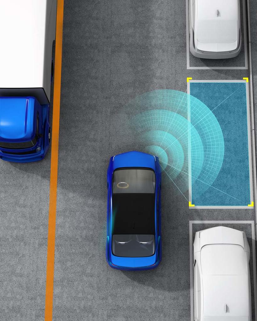 A vertical orientation of a blue, autonomous vehicle using sensors to direct traffic